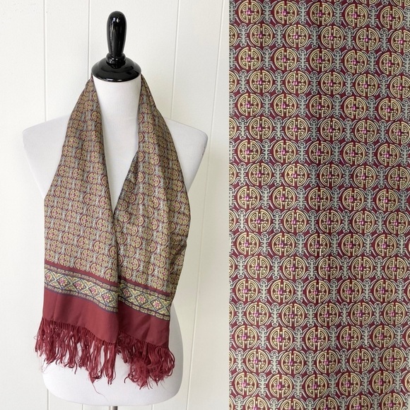 Vintage Accessories - VTG 100% Silk Scarf Burgundy Yellow Pink Geo Rectangle Tassel Fringe 25” X 11